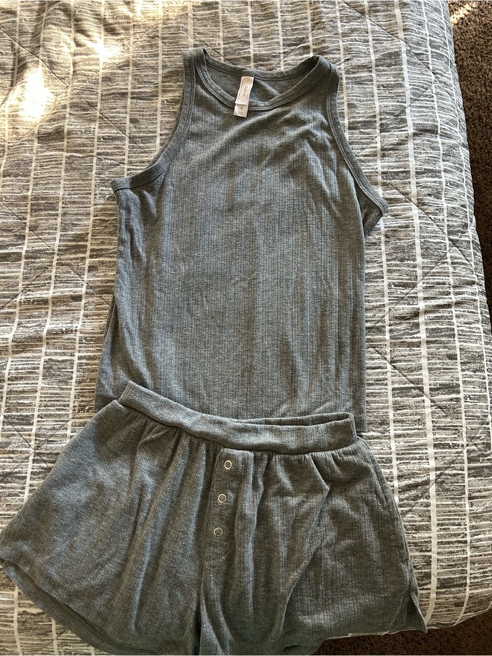 Auden Ribbed Tank & Button-Front Shorts Sleep Set - Gray
